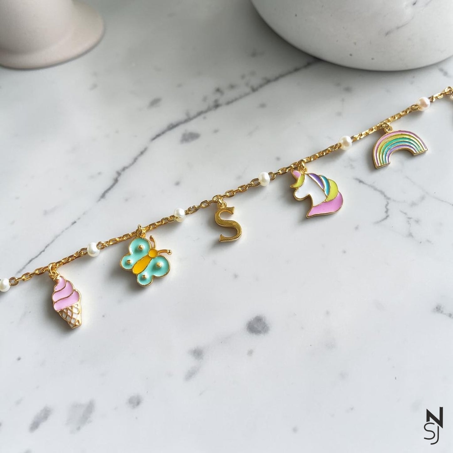 Rainbow Delight Charm Bracelet with Custom Initial