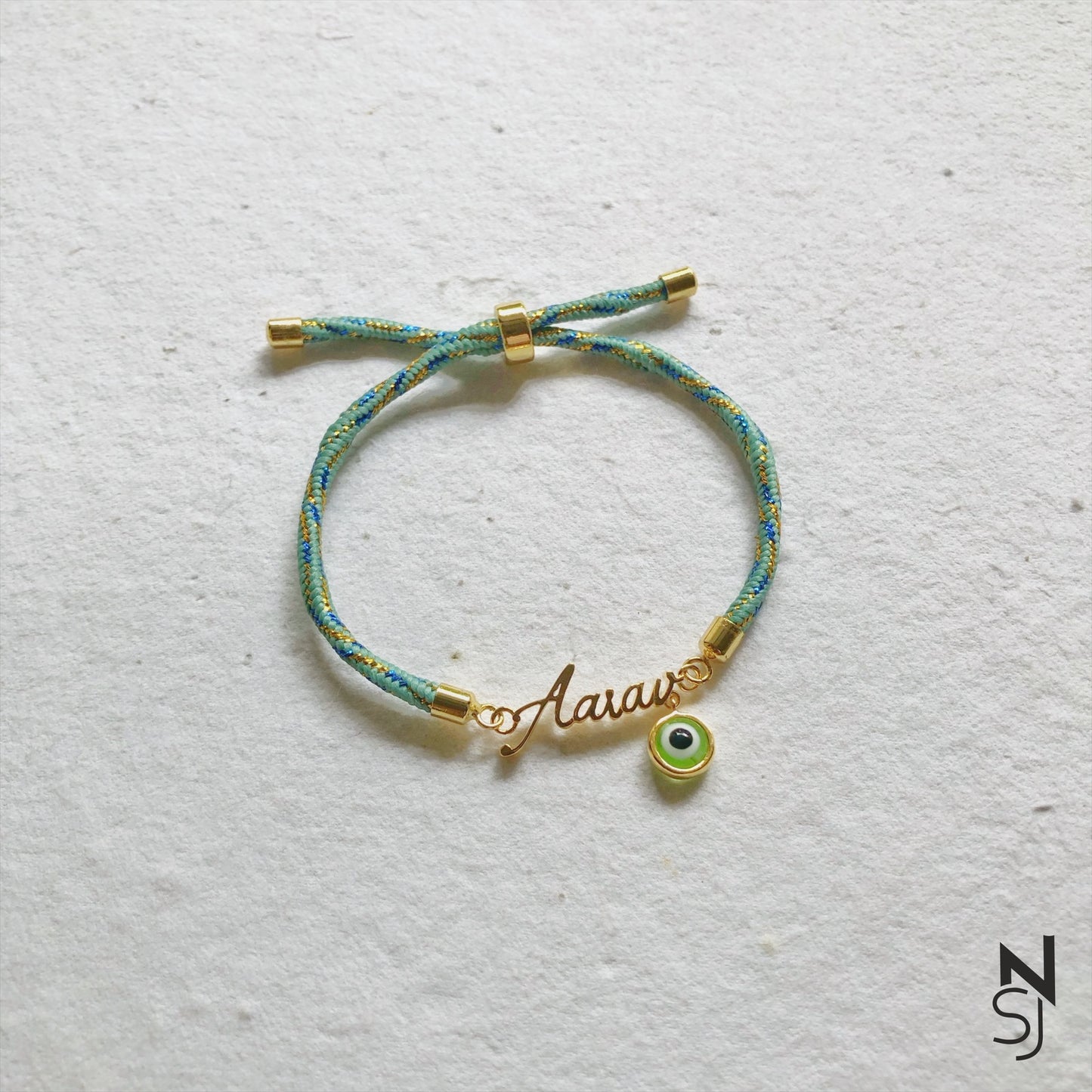 Adjustable Custom Name Green Evil Eye Bracelet