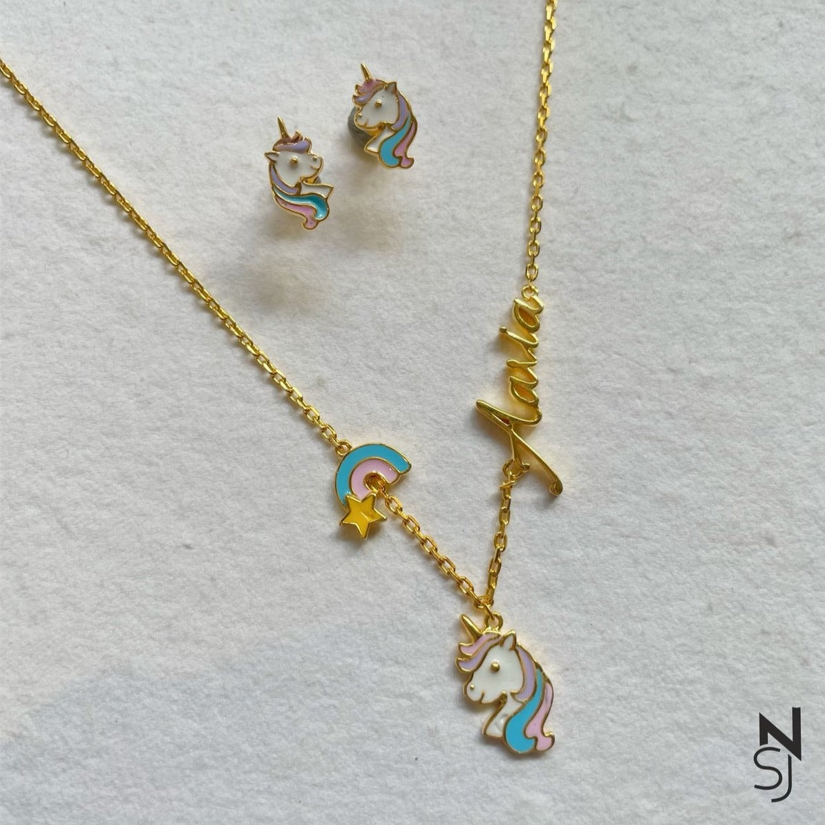 Rainbow Dreams Name Neckchain & Unicorn Studs Set