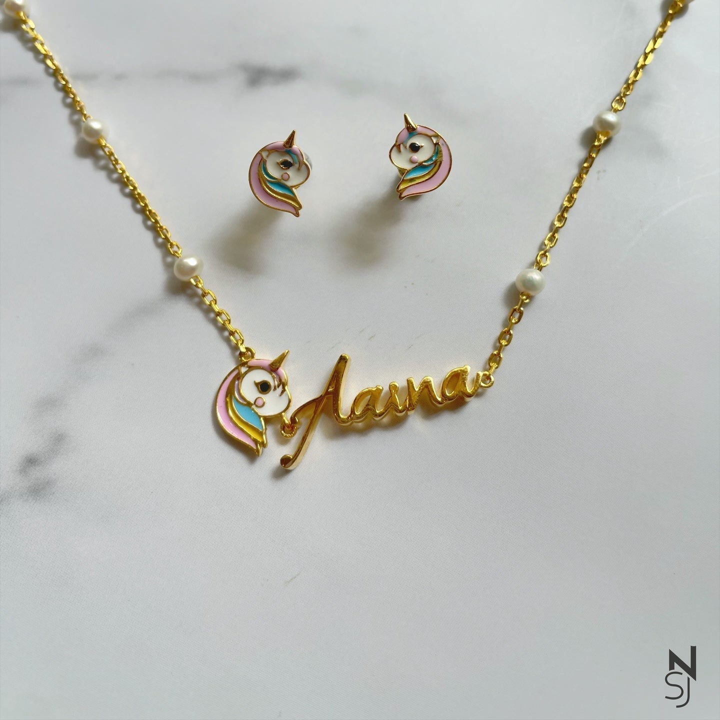 Custom Name Unicorn Neckchain & Studs Set