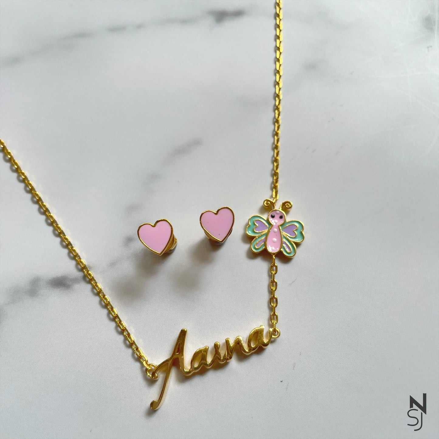 Whimsical Winged Beauty Name Neckchain & Hearts Stud Set