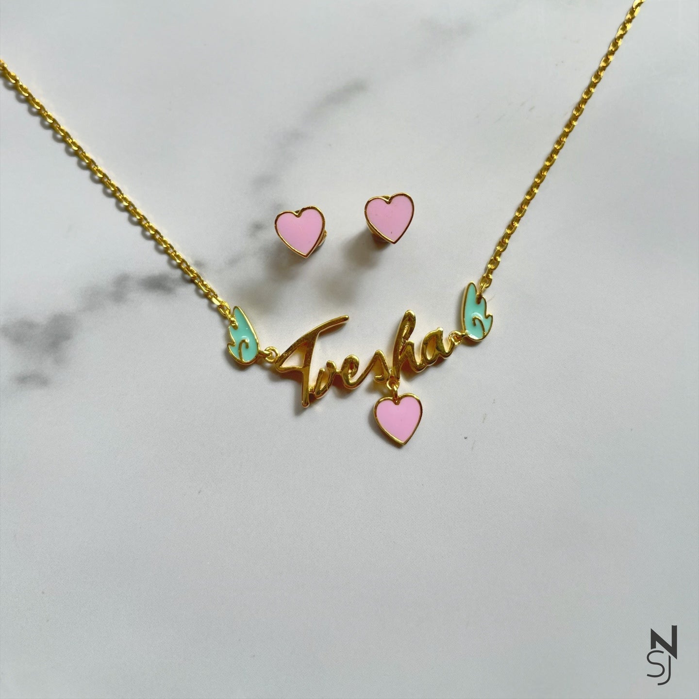 Custom Name Angel Wing Neckchain & Studs Set