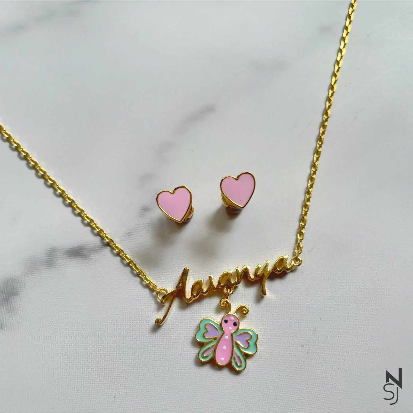 Butterftly Hanging Name Neckchain & Studs Set
