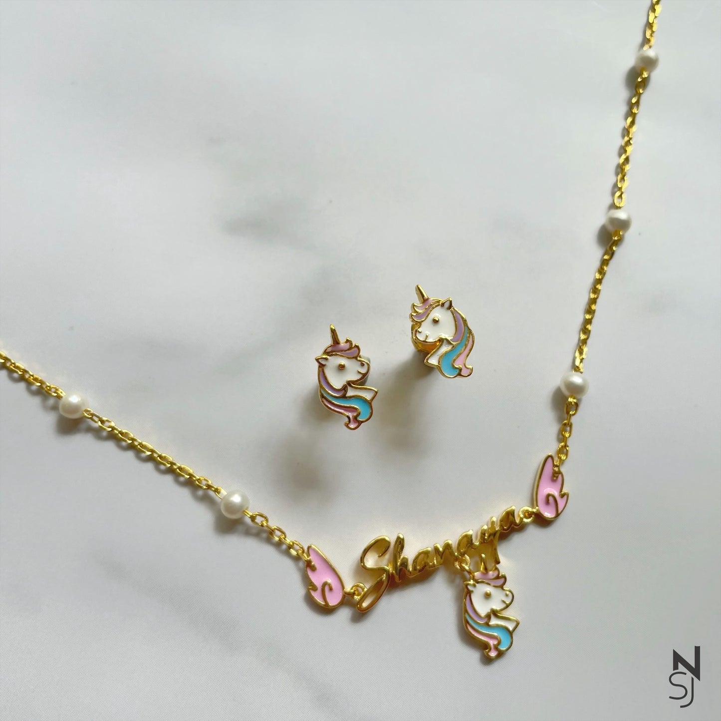 Angel Wing Unicorn Name Neckchain & Studs Set