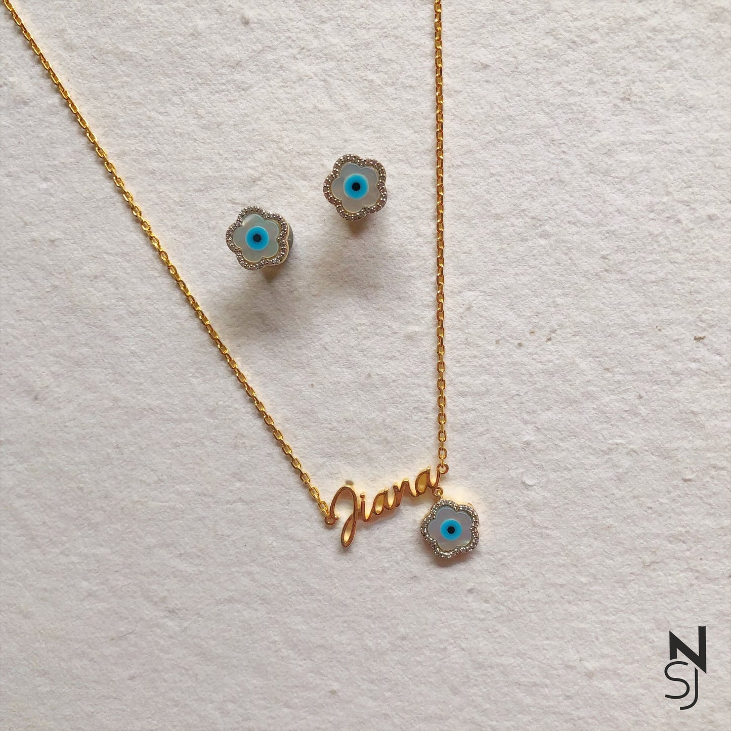 Flower Evil Eye Neckchain & Studs Set