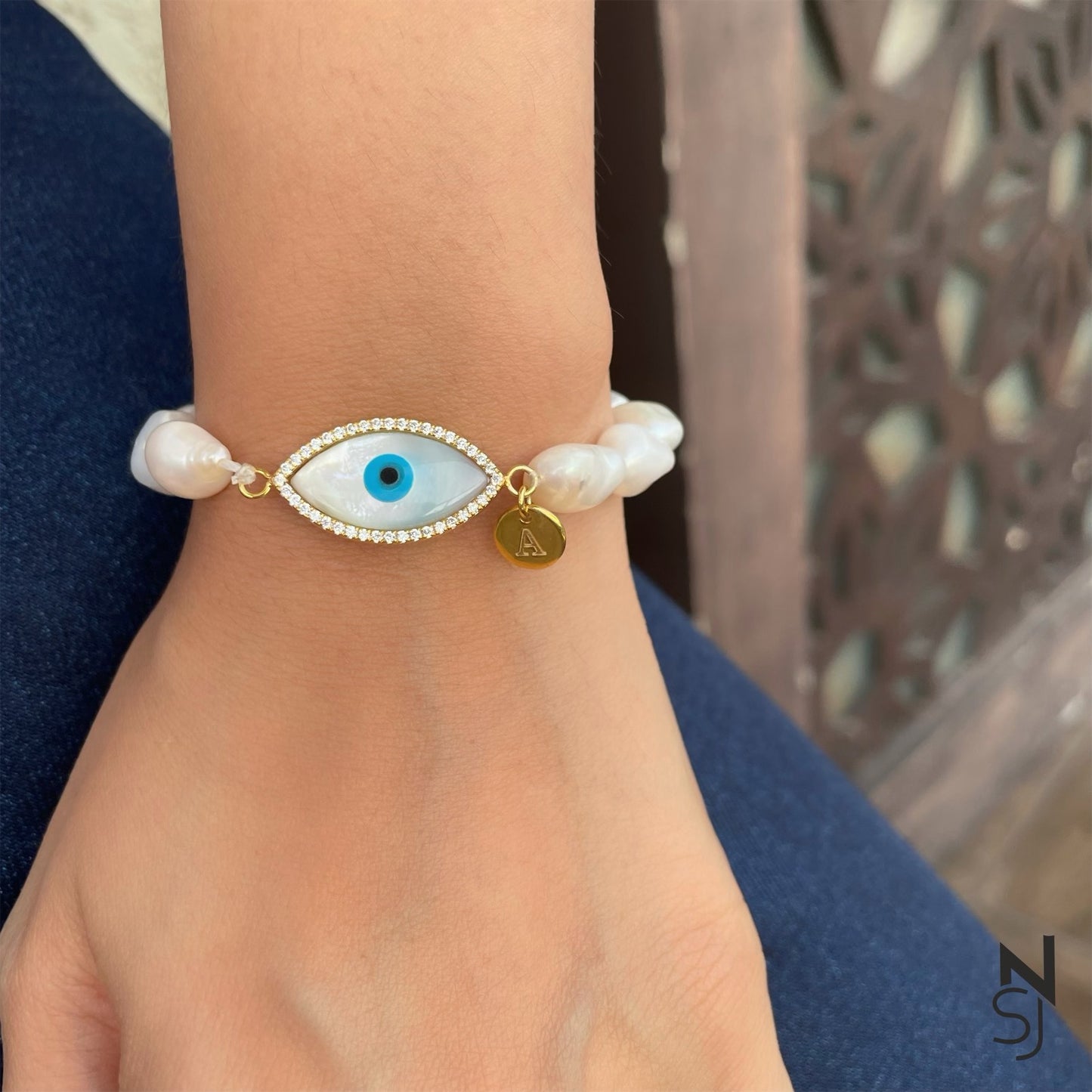 Custom Initial Evil Eye Pearl Bracelet