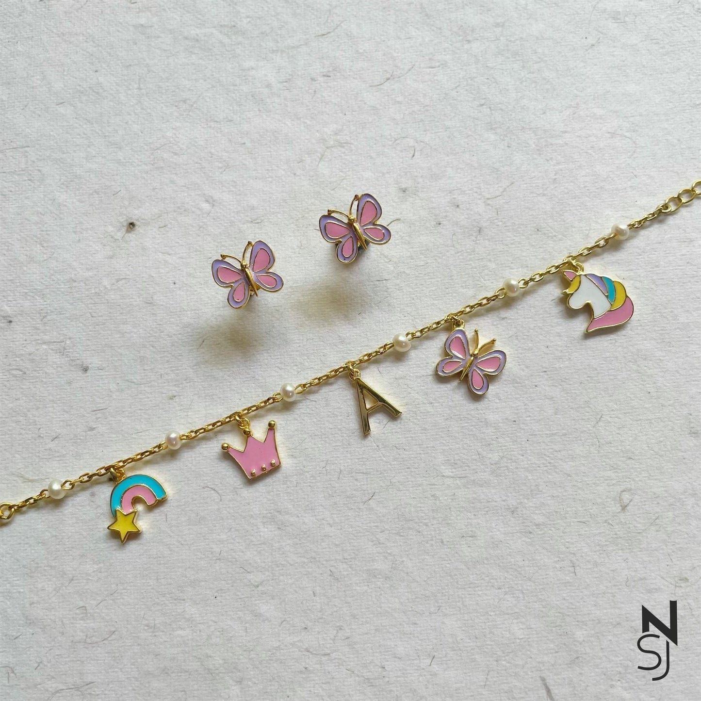 Custom Initial Charm Bracelet & Studs Set | Personalised 925 Silver Jewellery for Kids | Niashine