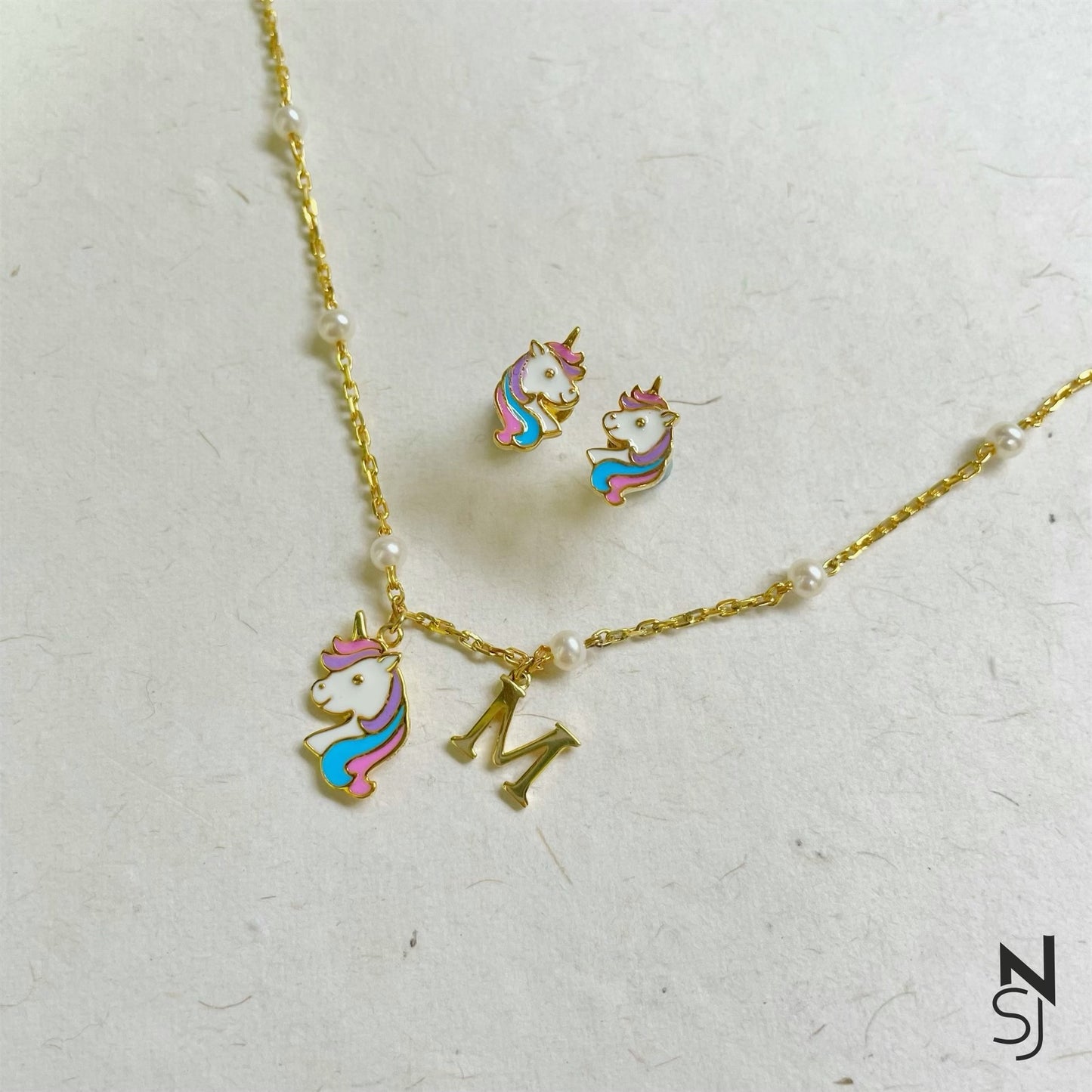 Custom Initial Unicorn Neckchain & Studs Set