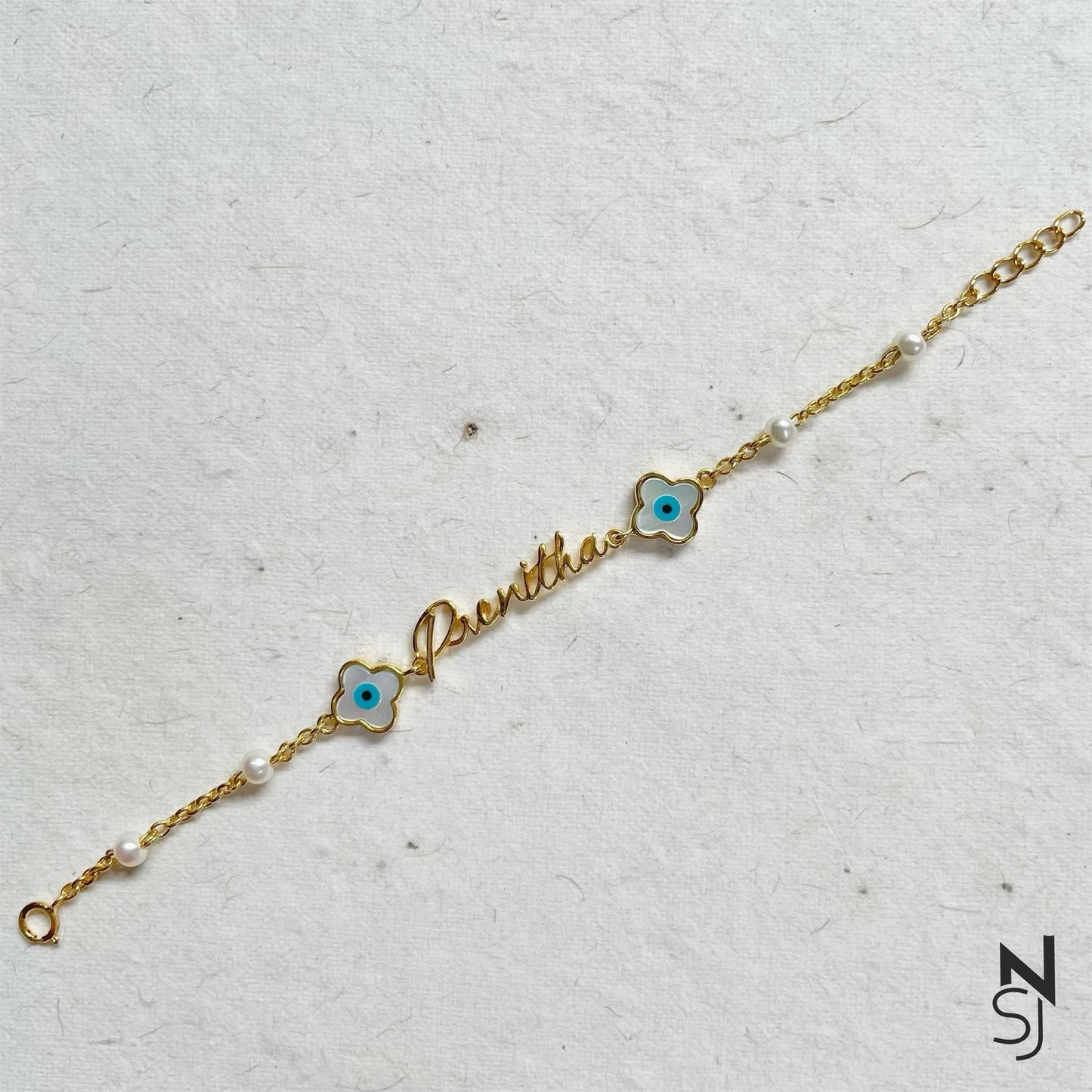 Custom Name Pearl Chain Evil Eye Bracelet