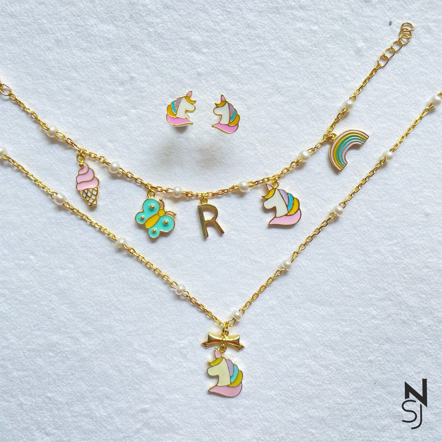 Enchanting Unicorn Neckchain, Bracelet & Studs Set | Personalised 925 Silver Jewellery for Kids | Niashine