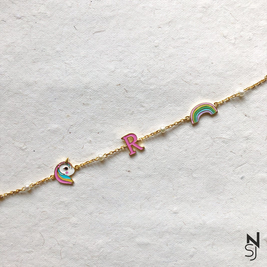 Unicorn, Rainbow & Custom Initial Bracelet