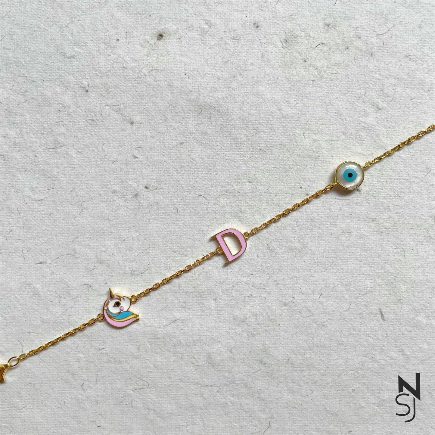 Unicorn, Evil Eye and Custom Initial Bracelet