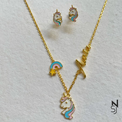 Rainbow Dreams Name Neckchain & Unicorn Studs Set