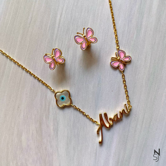 Custom Name Evil Eye Butterftly Neckchain and Studs Set