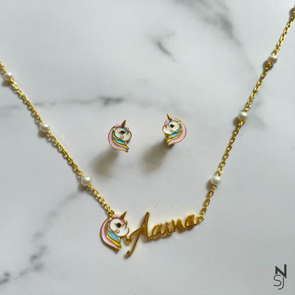 Custom Name Unicorn Neckchain & Studs Set