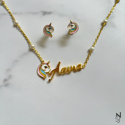 Custom Name Unicorn Neckchain & Studs Set
