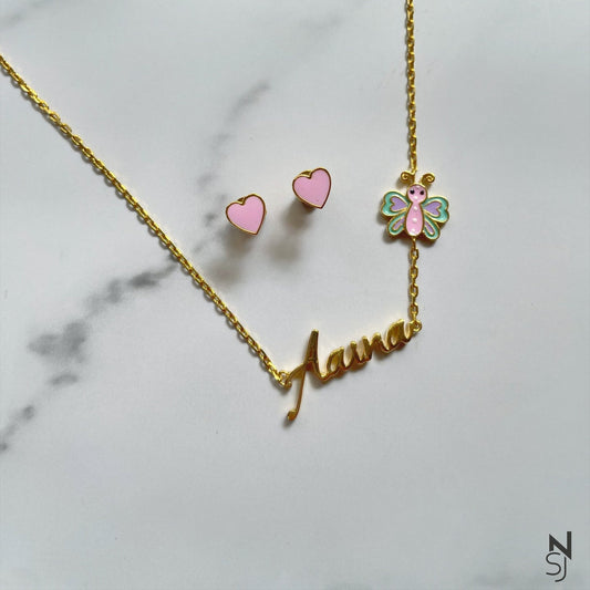 Whimsical Winged Beauty Name Neckchain & Hearts Stud Set
