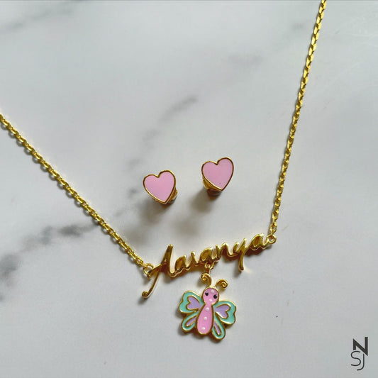 Butterftly Hanging Name Neckchain & Studs Set