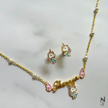 Angel Wing Unicorn Name Neckchain & Studs Set