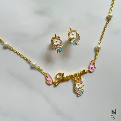 Angel Wing Unicorn Name Neckchain & Studs Set