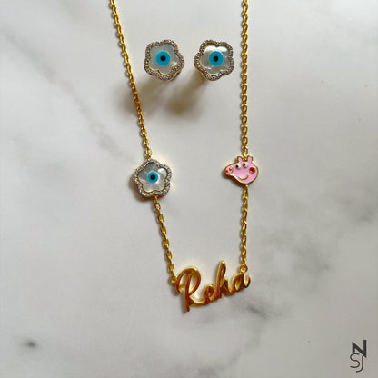 Peppa Love Name Neckchain & Evil Eye Studs Set