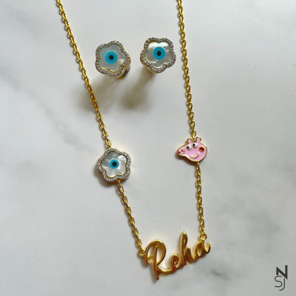 Peppa Love Name Neckchain & Evil Eye Studs Set