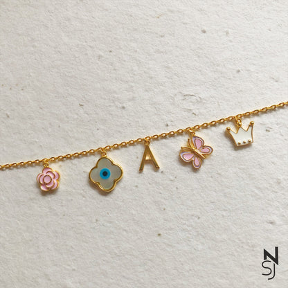 Charm Bracelet with Evil Eye & Custom Initial | Personalised 925 Silver Jewellery for Kids | Niashine