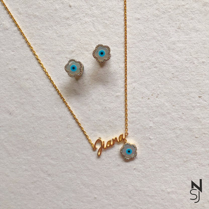 Flower Evil Eye Neckchain & Studs Set