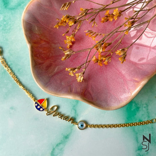 Custom Name Sailboat with Evil Eye Bracelet