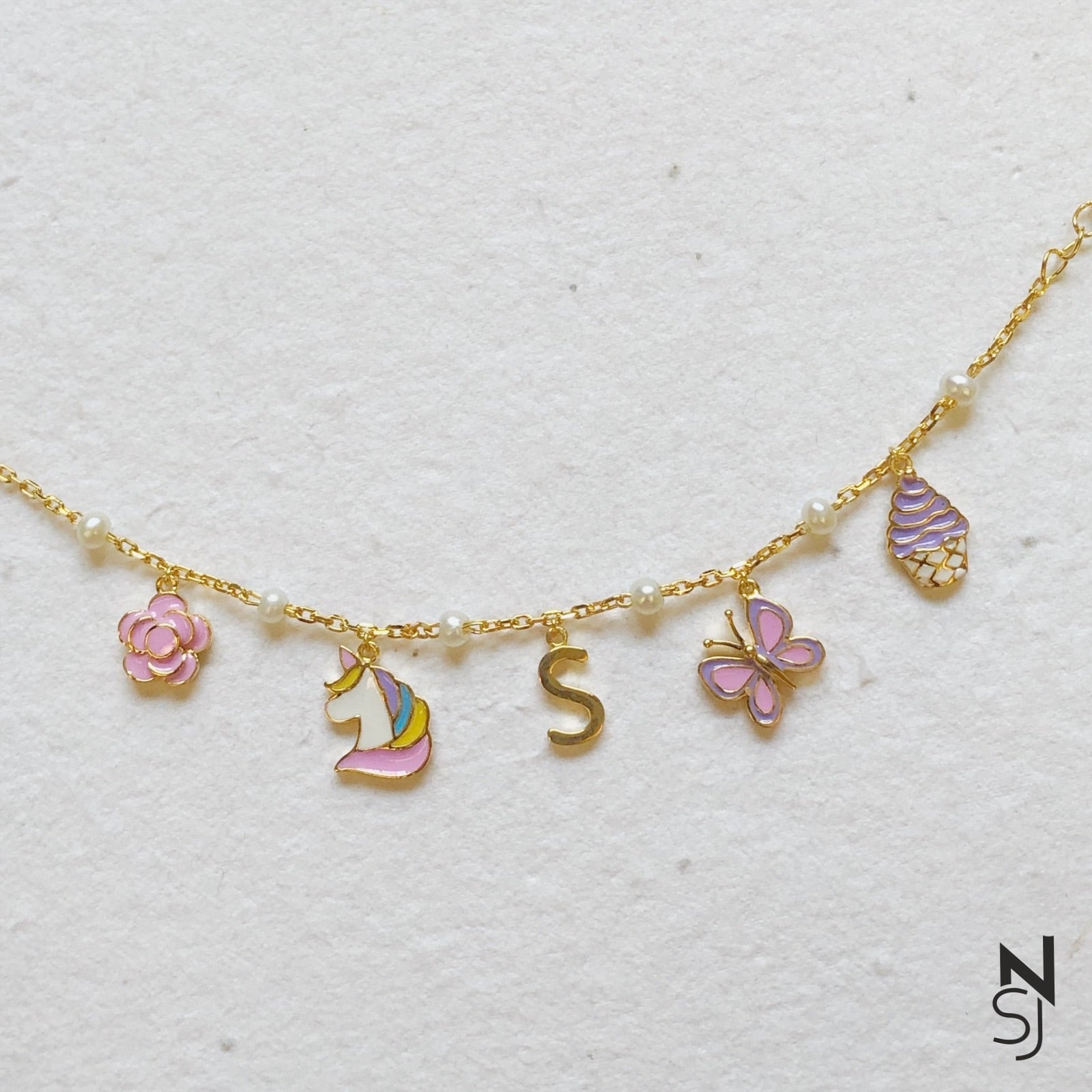Rainbow Delight Charm Bracelet with Custom Initial | Personalised 925 Silver Jewellery for Kids | Niashine