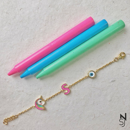 Unicorn, Evil Eye and Custom Initial Bracelet | Personalised 925 Silver Jewellery for Kids | Niashine
