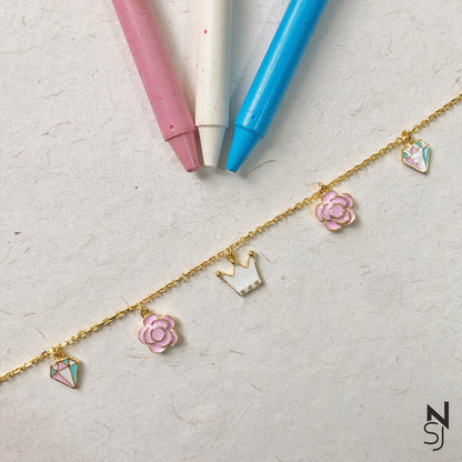 Crown & Rose Charm Bracelet | Personalised 925 Silver Jewellery for Kids | Niashine