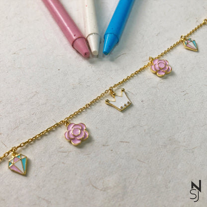 Crown & Rose Charm Bracelet | Personalised 925 Silver Jewellery for Kids | Niashine
