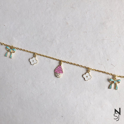 Cupcakes and Bow Charm Bracelet | Personalised 925 Silver Jewellery for Kids | Niashine