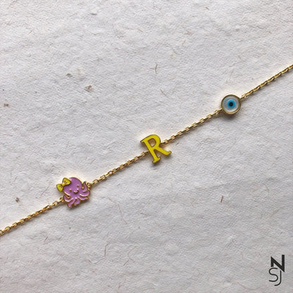 Octopus, Evil Eye & Initial Bracelet | Personalised 925 Silver Jewellery for Kids | Niashine