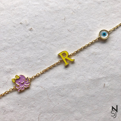 Octopus, Evil Eye & Initial Bracelet | Personalised 925 Silver Jewellery for Kids | Niashine
