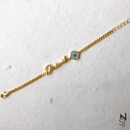 Name & Clover Evil Eye Bracelet | Personalised 925 Silver Jewellery for Kids | Niashine