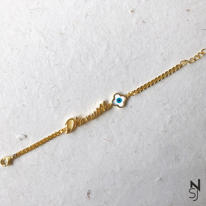 Name & Clover Evil Eye Bracelet | Personalised 925 Silver Jewellery for Kids | Niashine