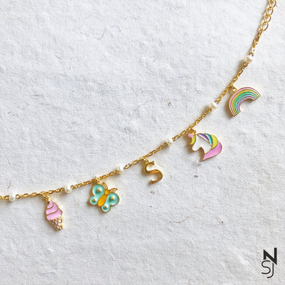 Rainbow Delight Charm Bracelet with Custom Initial | Personalised 925 Silver Jewellery for Kids | Niashine