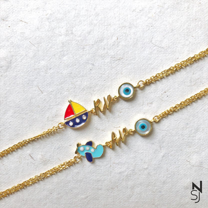Custom Name Aeroplane with Evil Eye Bracelet | Personalised 925 Silver Jewellery for Kids | Niashine