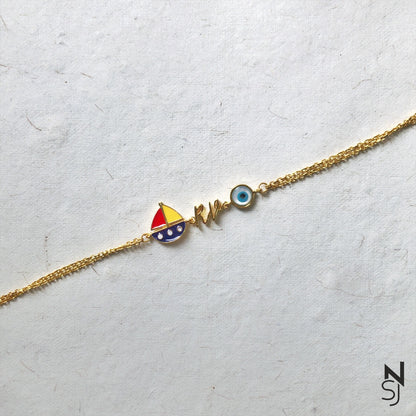 Custom Name Sailboat with Evil Eye Bracelet | Personalised 925 Silver Jewellery for Kids | Niashine