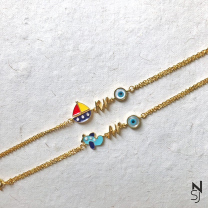 Custom Name Sailboat with Evil Eye Bracelet | Personalised 925 Silver Jewellery for Kids | Niashine