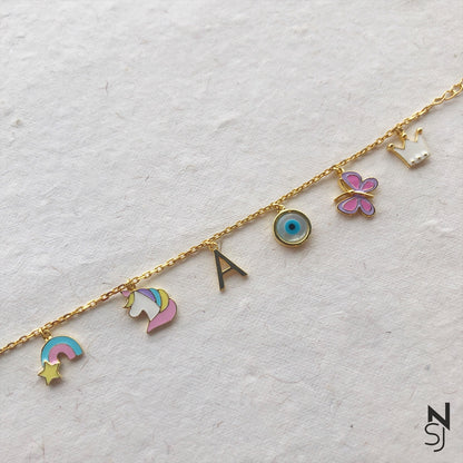 Charm Bracelet with Evil Eye & Custom Initial | Personalised 925 Silver Jewellery for Kids | Niashine