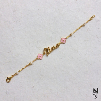 Custom Name Pink Flower Bracelet | Personalised 925 Silver Jewellery for Kids | Niashine