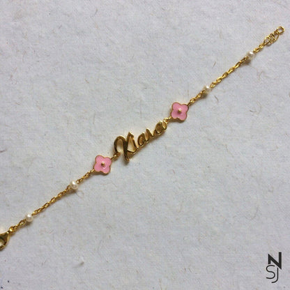 Custom Name Pink Flower Bracelet | Personalised 925 Silver Jewellery for Kids | Niashine