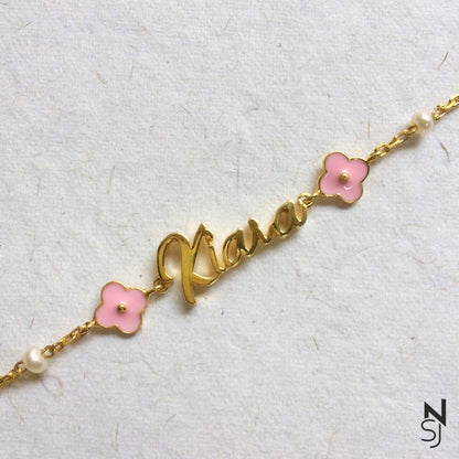 Custom Name Pink Flower Bracelet | Personalised 925 Silver Jewellery for Kids | Niashine