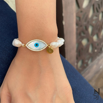 Custom Initial Evil Eye Pearl Bracelet | Personalised 925 Silver Jewellery for Kids | Niashine