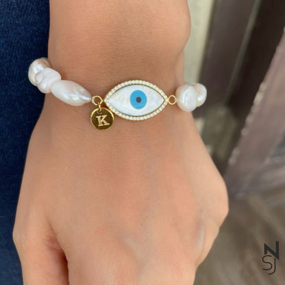 Custom Initial Evil Eye Pearl Bracelet | Personalised 925 Silver Jewellery for Kids | Niashine