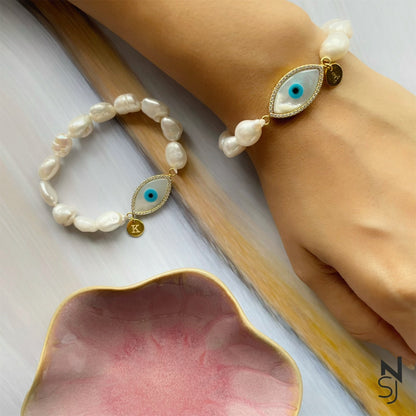 Custom Initial Evil Eye Pearl Bracelet | Personalised 925 Silver Jewellery for Kids | Niashine