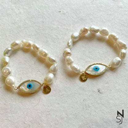 Custom Initial Evil Eye Pearl Bracelet | Personalised 925 Silver Jewellery for Kids | Niashine